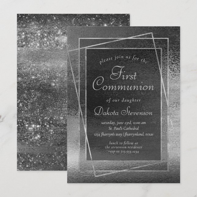 Convite Glitzy Foil | Comunidade Platinum Silver Shine 1ru (Frente/Verso)