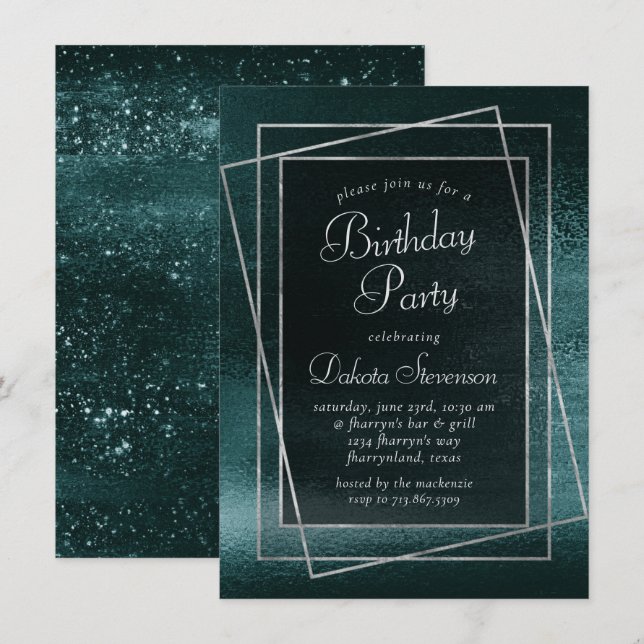 Convite Glitzy Foil | Festa de aniversário de Glama Verde  (Frente/Verso)