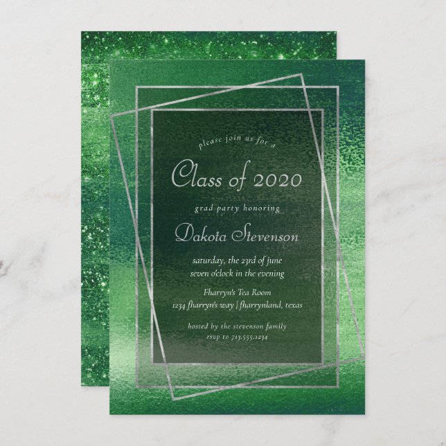 Convite Glitzy Foil | Graduação em Shamrock Green Sparkle (Frente/Verso)