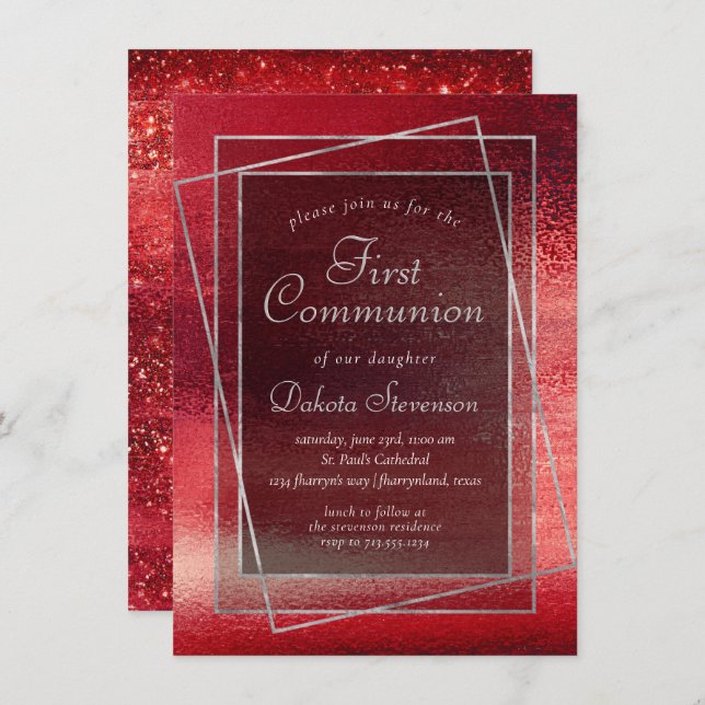 Convite Glitzy Foil | Henna Crimson Red First Commune (Frente/Verso)