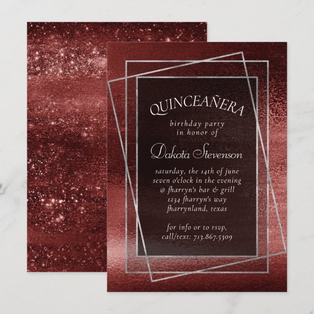 Convite Glitzy Foil | Henna Crimson Red Glitter Aniversári (Frente/Verso)