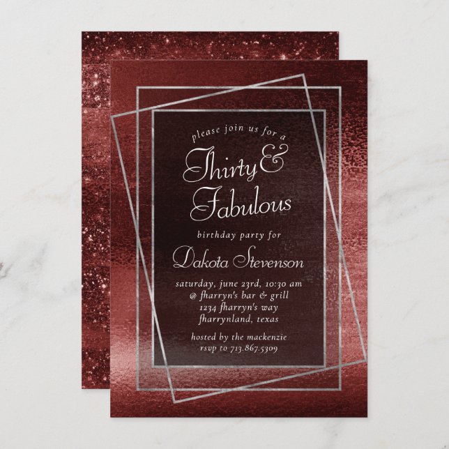 Convite Glitzy Foil | Henna Crimson Red Glitter Aniversári (Frente/Verso)