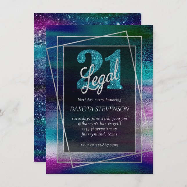 Convite Glitzy Foil | Holographic Dark Ombre 21 e Legal (Frente/Verso)