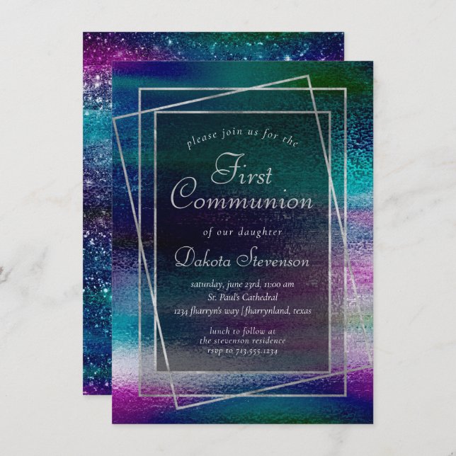 Convite Glitzy Foil | Holographic Ombre First Communes (Frente/Verso)