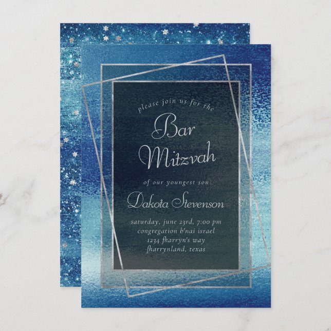 Convite Glitzy Foil | Ice Blue Faux Iridescente Bat Mitzva (Frente/Verso)