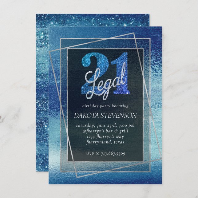 Convite Glitzy Foil | Ice Blue Iridescent 21 e Legal (Frente/Verso)