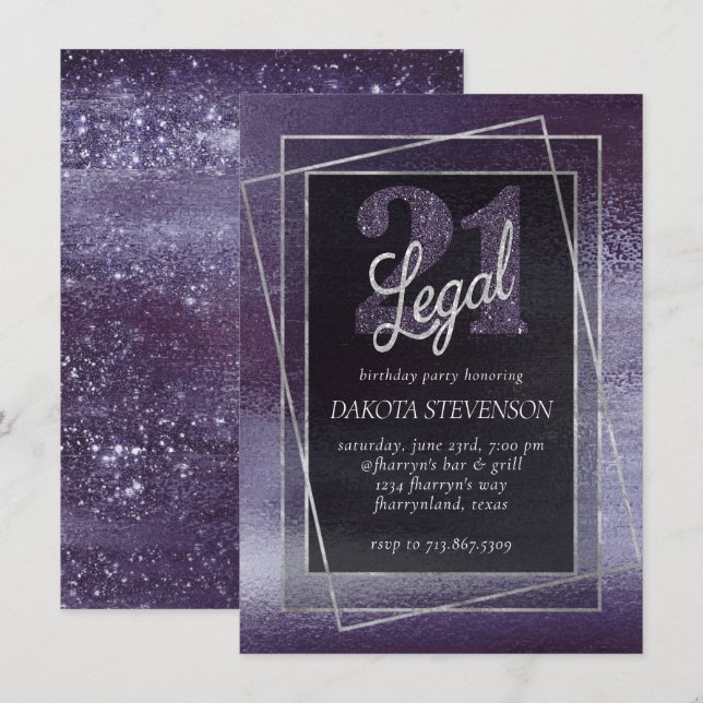 Convite Glitzy Foil | Indigo Midnight Purple 21 e Legal (Frente/Verso)