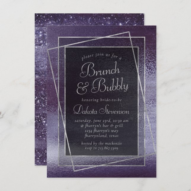 Convite Glitzy Foil | Indigo Midnight Purple Bubble Brunch (Frente/Verso)