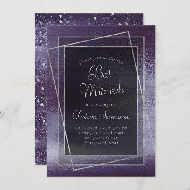 Convite Glitzy Foil | Indigo Midnight Roxo Mitzvah (Frente/Verso)