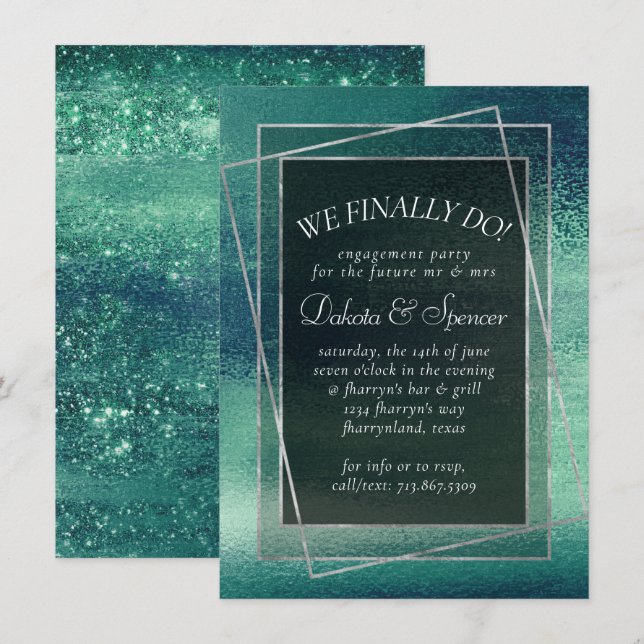 Convite Glitzy Foil | Janto de Noivados Aqua Verde de Seaf (Frente/Verso)