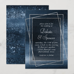Convite Glitzy Foil Marinho Azul Faux Glam Casamento Met