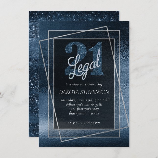 Convite Glitzy Foil | Marinho Blue Faux Glitter 21 e Legal (Frente/Verso)
