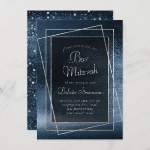Convite Glitzy Foil   Marinho Blue Faux Glitter Bat Mitzva