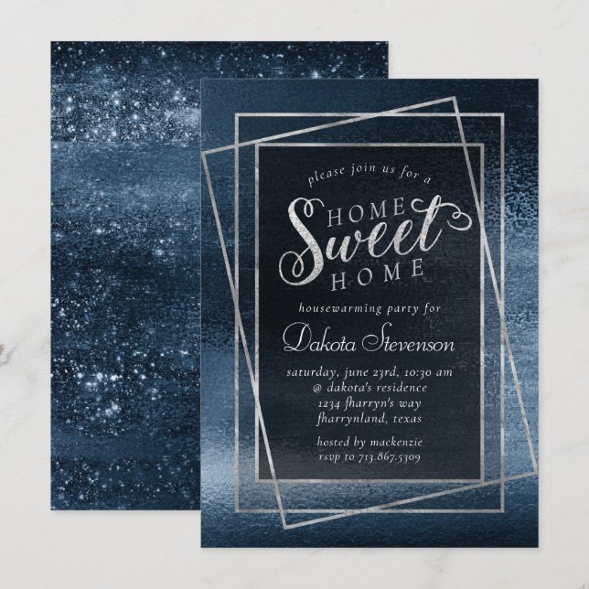 Convite Glitzy Foil | Marinho Blue Sparkle Home Sweet Home (Frente/Verso)