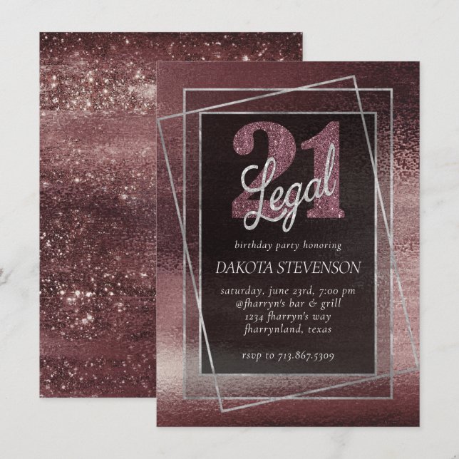 Convite Glitzy Foil | Rosa Dourado Blush Glam 21 e Legal (Frente/Verso)