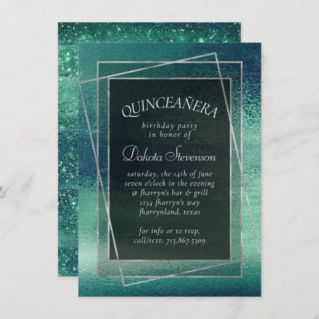 Convite Glitzy Foil | Seafoam Quinceanera Verde Iridescent (Frente/Verso)