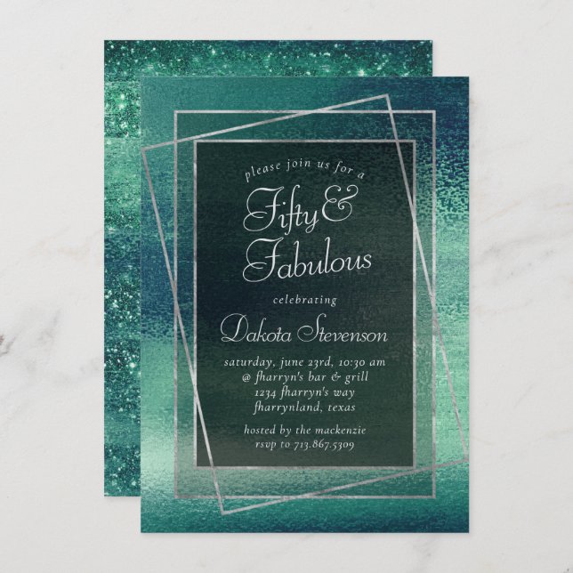 Convite Glitzy Foil | Seafoam Verde Iridescente Fabuloso 5 (Frente/Verso)