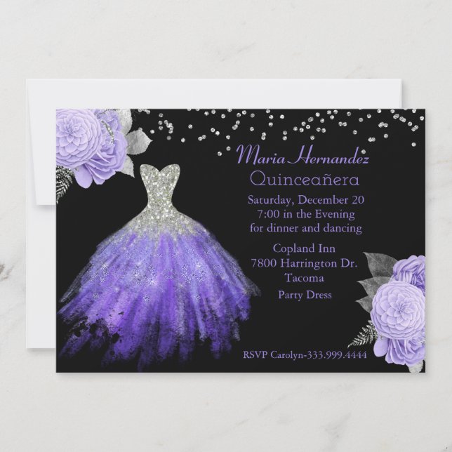 Convite Glitzy Purple e Silver Gown Quinceañera 2 (Frente)