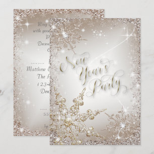 Convite Glitzy Snowflakes Festa Dourada de Ano Novo