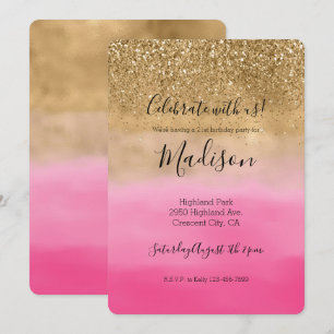 Convite Glitzy Sparkle Glitter Pink Ombre Glitter Dourado
