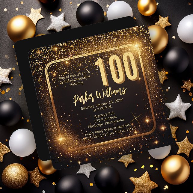 Convite Glitzy Sparkles | Stars Gold 100th Birthday Party (Glitzy Sparkles Black and Gold Tone Modern Elegant 100th Birthday Party Square Invitation )