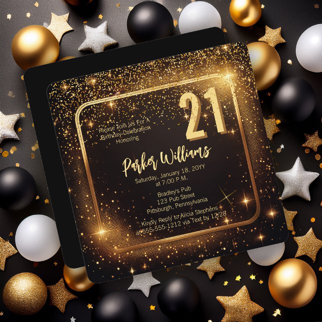 Convite Glitzy Sparkles | Stars Gold 21st Birthday Party (Glitzy Sparkles Black and Gold Tone Modern Elegant 21st Birthday Party Square Invitation )