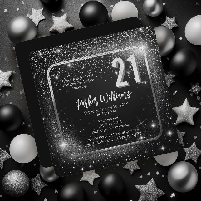 Convite Glitzy Sparkles | Stars Silver 21st Birthday Party (Glitzy Sparkles Black and Silver Tone Modern Elegant 21st Birthday Party Square Invitation )