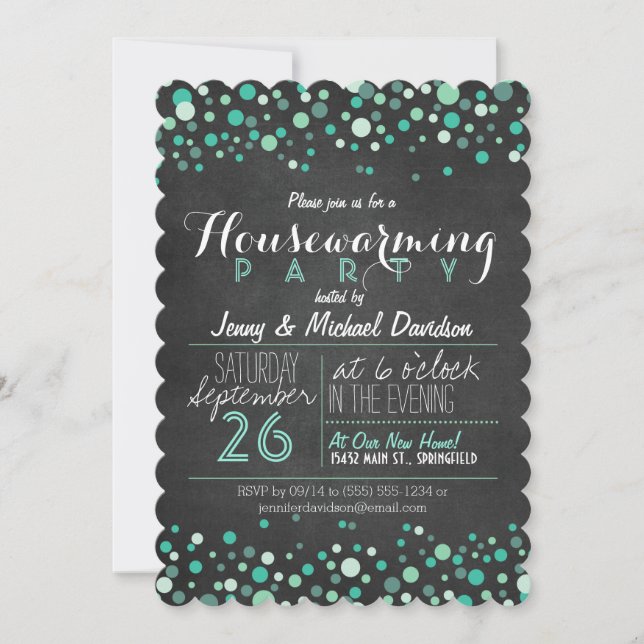 Convite Glitzy Teal Green Chalkboard Housearming Party (Frente)