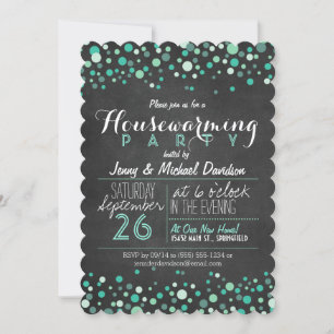 Convite Glitzy Teal Green Chalkboard Housearming Party