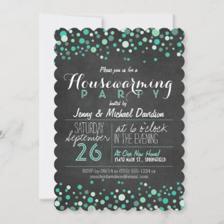 Convite Glitzy Teal Green Chalkboard Housearming Party