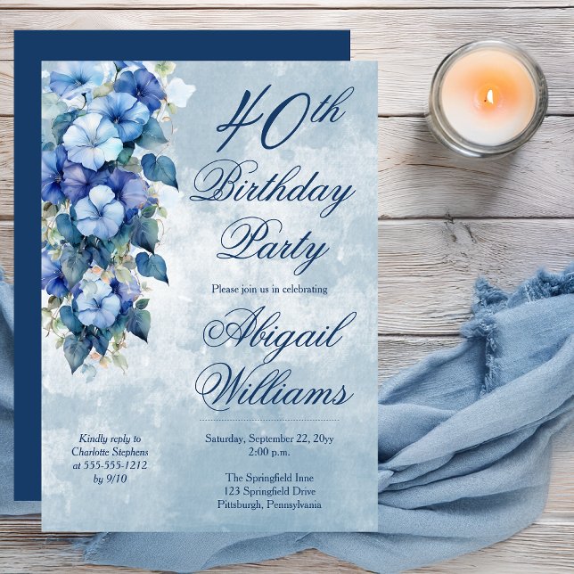 Convite Glórias da manhã elegantes aniversário de 40 anos  (Boho Elegant Morning Glories Blue Floral 40th Birthday Party Invitation - Print | Digital Download)