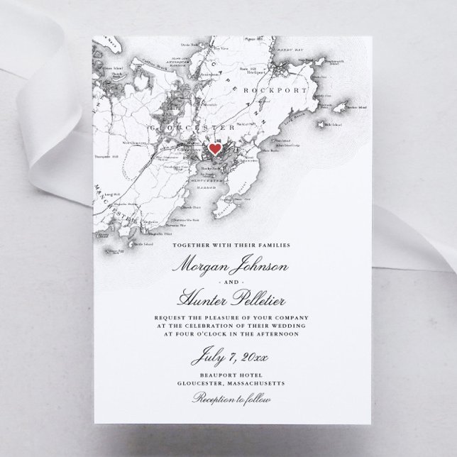 Convite Gloucester Cape Ann Elegant Black White Casamento (Gloucester Massachusetts elegant black and white map wedding invitation)
