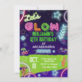 Convite GLOW Birthday Gaming Arcade Party - Festa de jogos