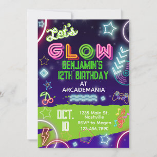 Convite GLOW Birthday Gaming Arcade Party - Festa de jogos