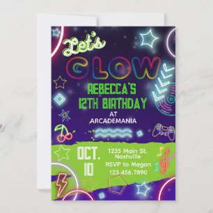 Convite GLOW Birthday Gaming Arcade Party Glow Neon Tiedye