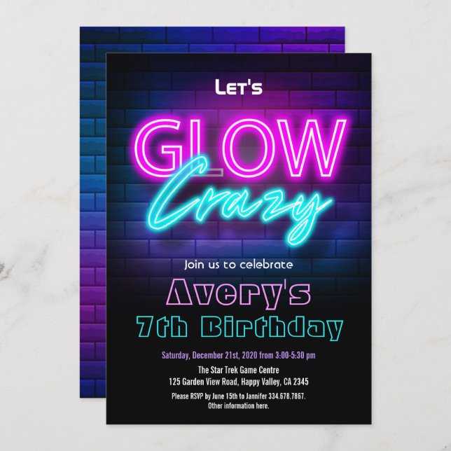 Convite Glow In The Dark Pink Birthday Party Invitation (Frente/Verso)