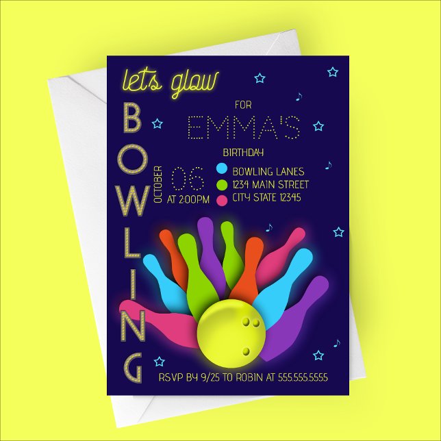 Convite Glow Neon Bowling Birthday Invitation (Let's Glow Bowling | Cosmic Bowling Birthday Party Invitation)