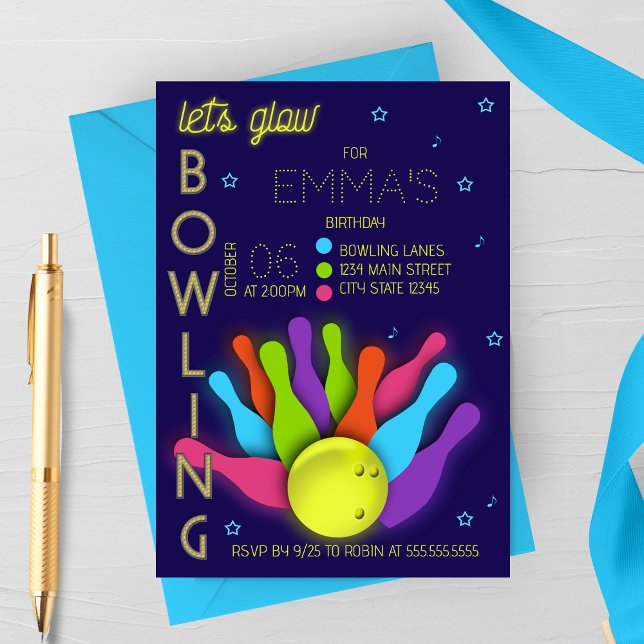 Convite Glow Neon Bowling Birthday Invitation (Criador carregado)