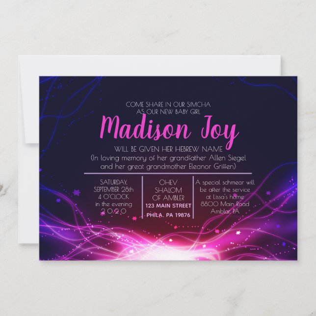 Convite GLOW NEON ESTARIA Jewish Baby Naming Invitation (Frente)