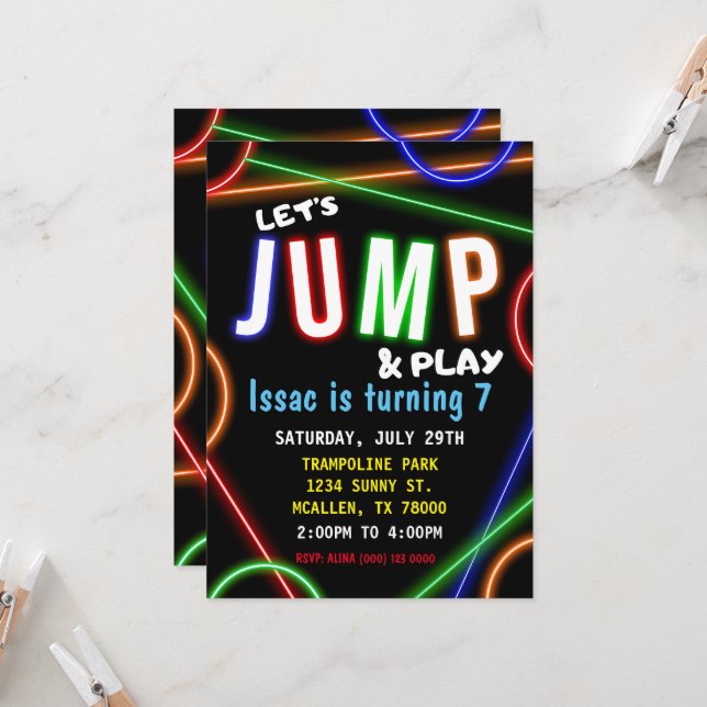 Convite Glow Neon Let's Jump Birthday Party Invitation (Frente/Verso In Situ)