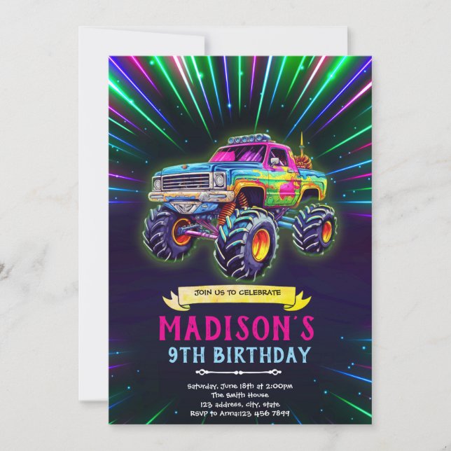 Convite Glow neon monster truck invitation (Frente)