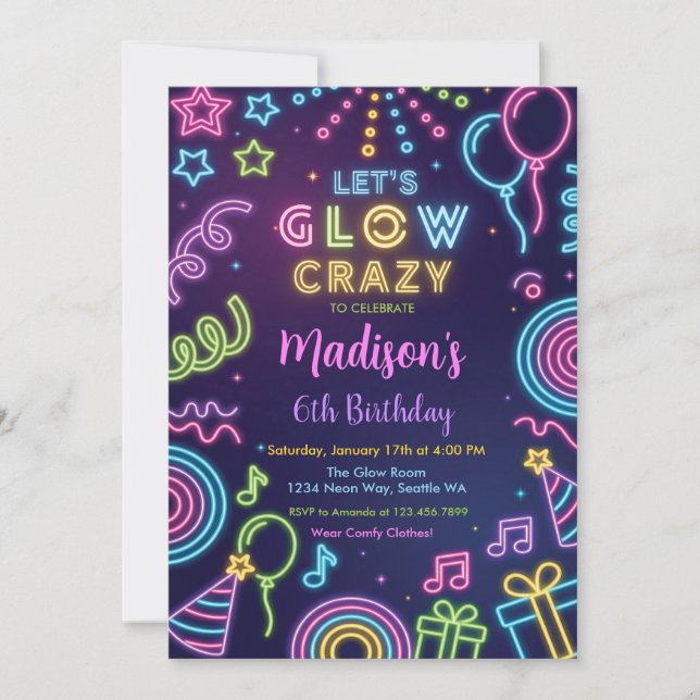 Convite Glow Party Birthday Invitation, Neon Glow Theme (Frente)