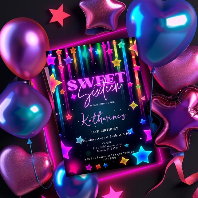 Convite Glow Sweet 16 Retro 80s Neon Bright (Glow Sweet 16 Sixteen Retro 80s Neon Bright Invitation)