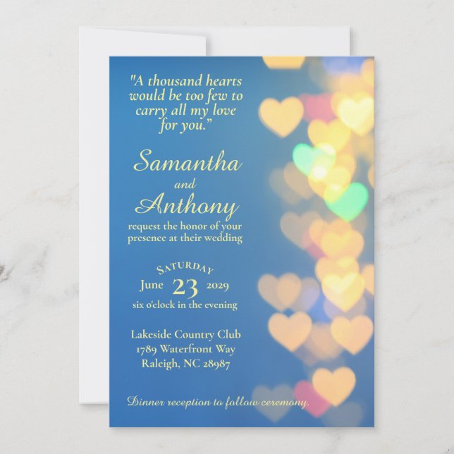 Convite Glowing Hearts on Blue Elegant Wedding Invitation (Frente)