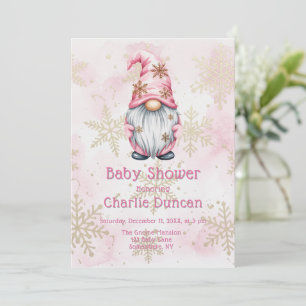 Convite Gnome de Natal Rosa Flocos de Neve Dourados Chá de