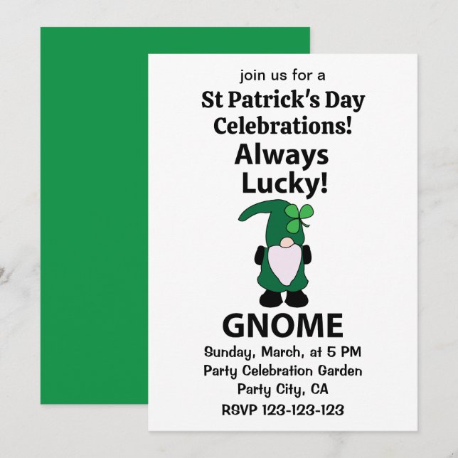 Convite Gnome Shamrock Dia de São Patrício Sortudo Gnome (Frente/Verso)