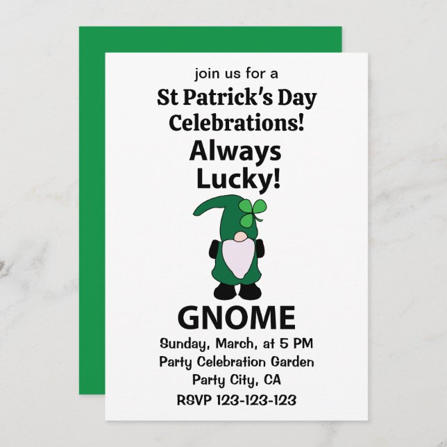 Convite Gnomo de Dia de São Patrício Sortudo de Shamrock (Frente/Verso)