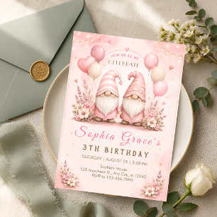 Convite Gnomo Rosa Caprichoso Aniversário de 3 anos