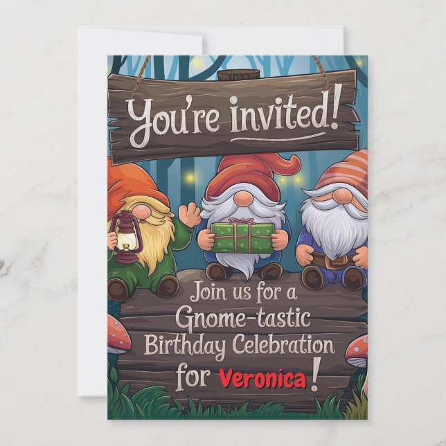 Convite Gnomo Whimsical Birthday, Festa Cute Forest Themed (Frente)