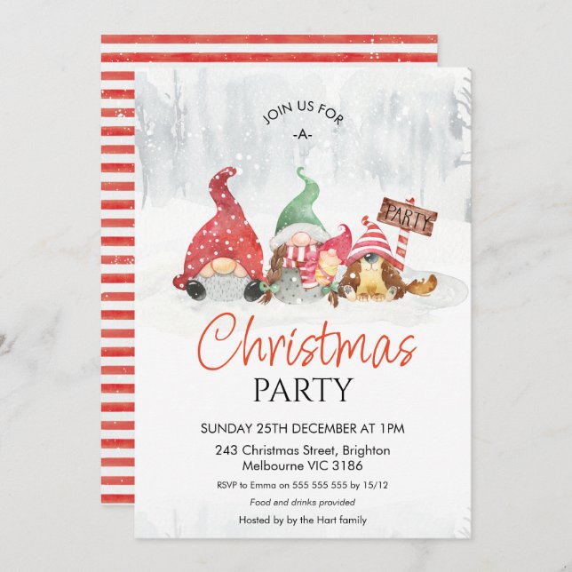 Convite Gnomos com Festa de Natal da Família Bebê e Cachor (Frente/Verso)